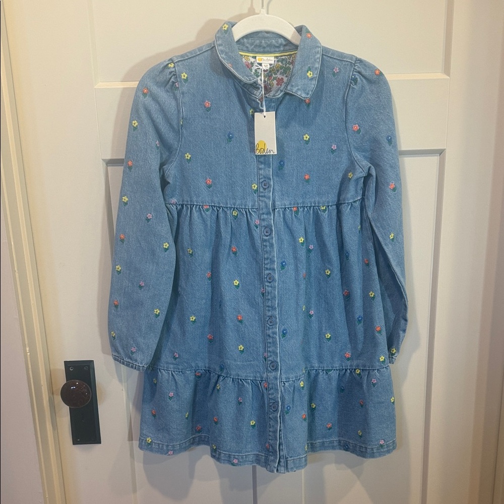 Mini Boden Blue Denim Dress with Multicolor Flower Embroidery